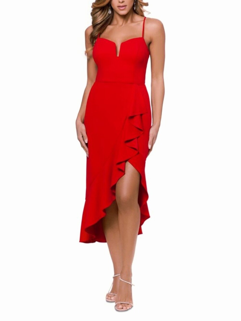 Xscape Vibrant Red High-Low Ruffle Midi Dress